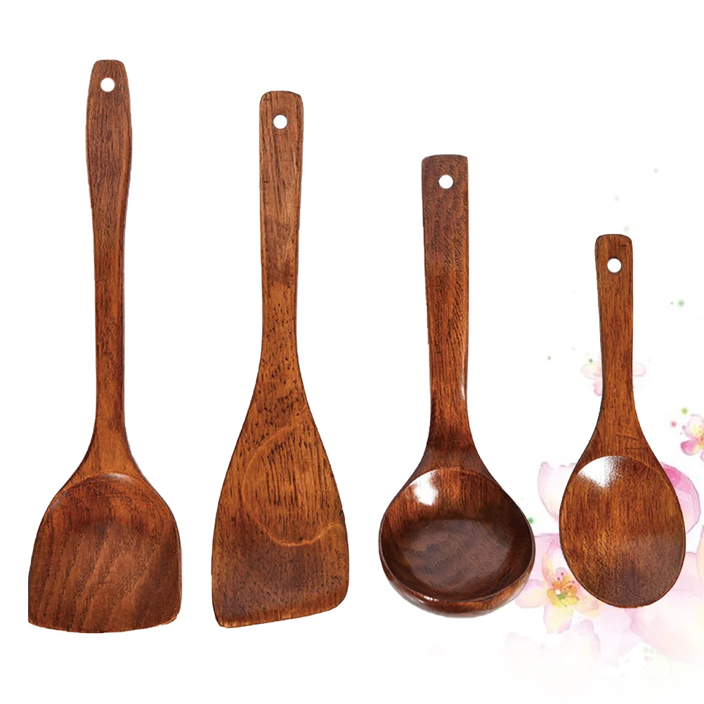 

4 Kitchen Spatula Set Cooking Spoons Set Kitchenware Wood Turner Wooden Serving Utensils Bamboo Wooden Spatula Set