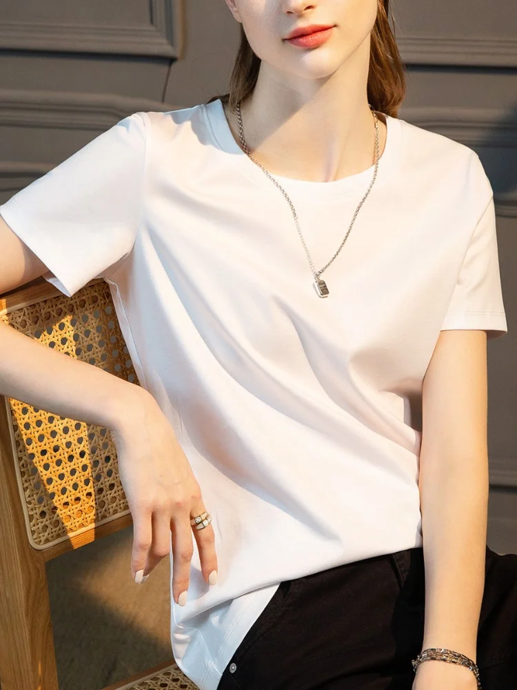 

Новинка весна-лето 2023, футболки из мерсеризированного хлопка, женская одежда, облегающий пуловер, повседневные хлопковые однотонные Женские топы с коротким рукавом