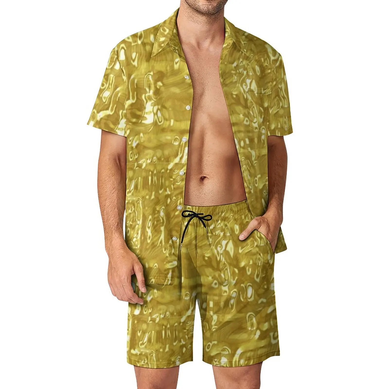 

Костюм мужской с блестящим абстрактным принтом, Повседневная рубашка с короткими рукавами для отпуска, с золотистой металлической текстур...