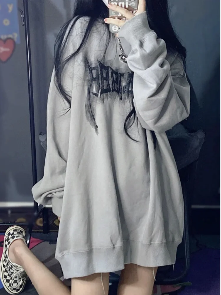 

2022 Hip Hop Casual Loose Hoodies Women Harajuku Gothic Print Vintage O-neck All Match Pullover Y2k Ins Long Grunge Sweatshirt