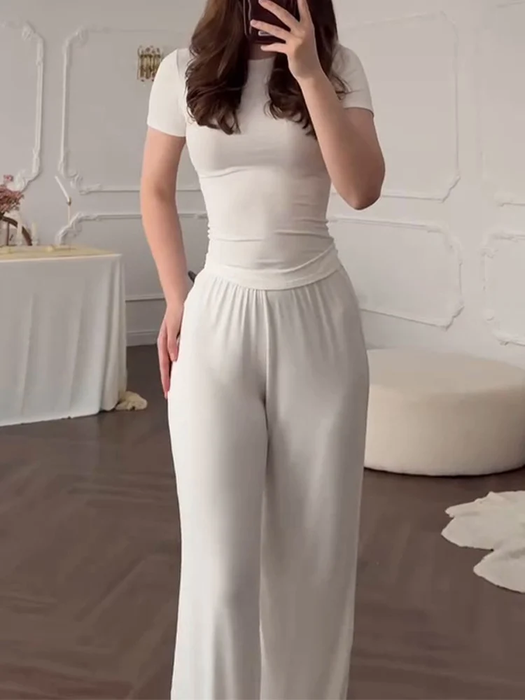 Повседневные длинные брючные костюмы женская футболка с круглым вырезом и