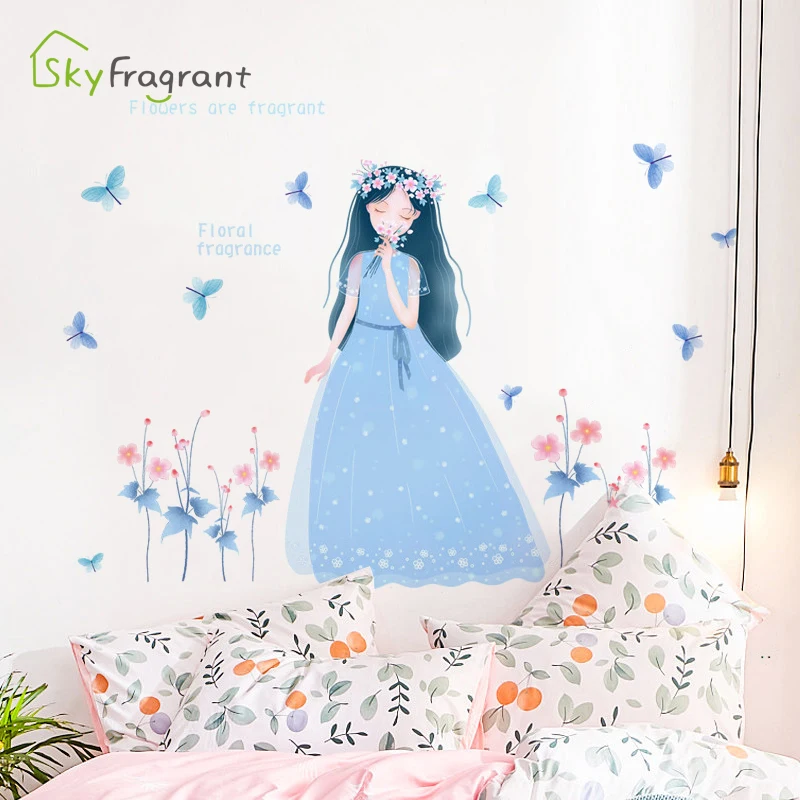 

Fantasy Blue Purple Flowers Kids Room Decor Self-adhesive Stickers Living Room Decor Girls Room Wall Stickers Home Decoration