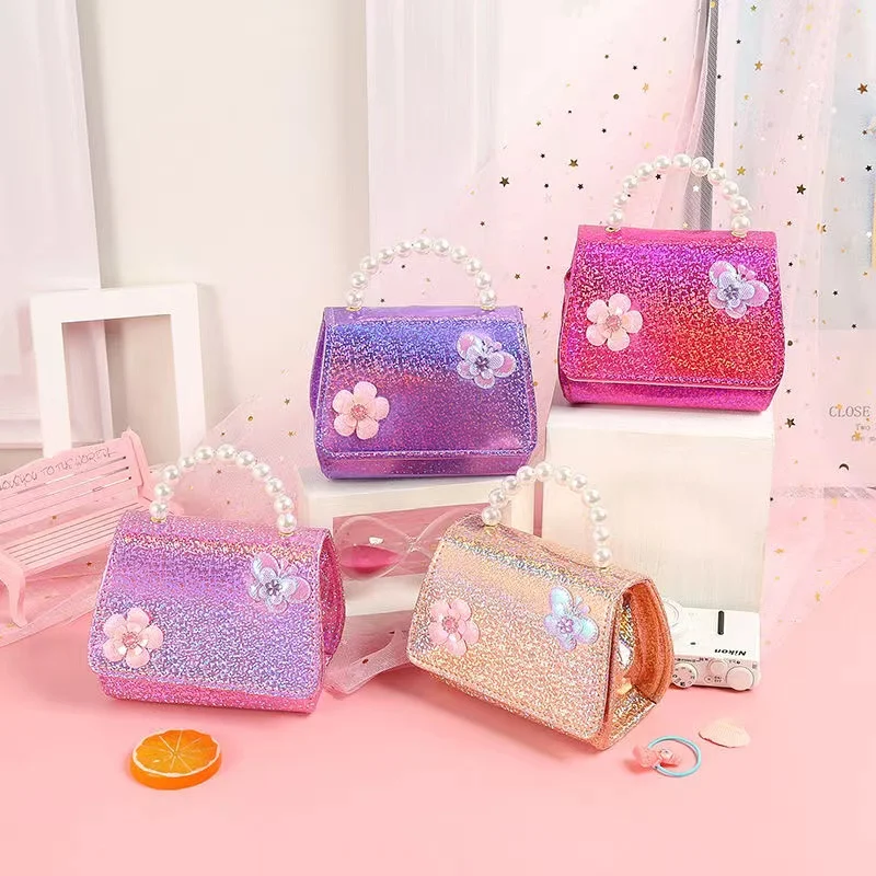 Children's Birthday Gifts Shiny Hand Bags Mini Purple Purse Butterfly Appliques Little Girls Golden Handbag Bag for Toddler Girl
