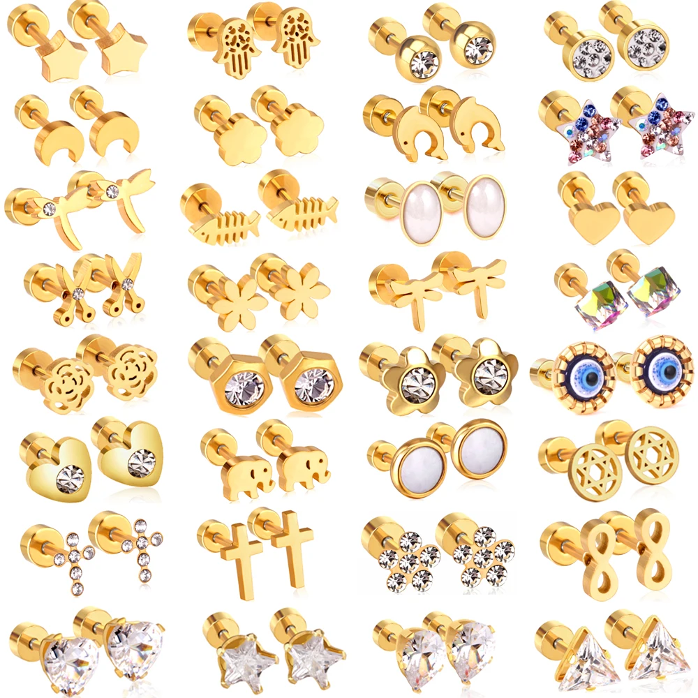 

32 стиля одна пара Золотые круглые серьги-гвоздики из нержавеющей стали для женщин, серьги для пирсинга гантелей, мужские панковские модные ...