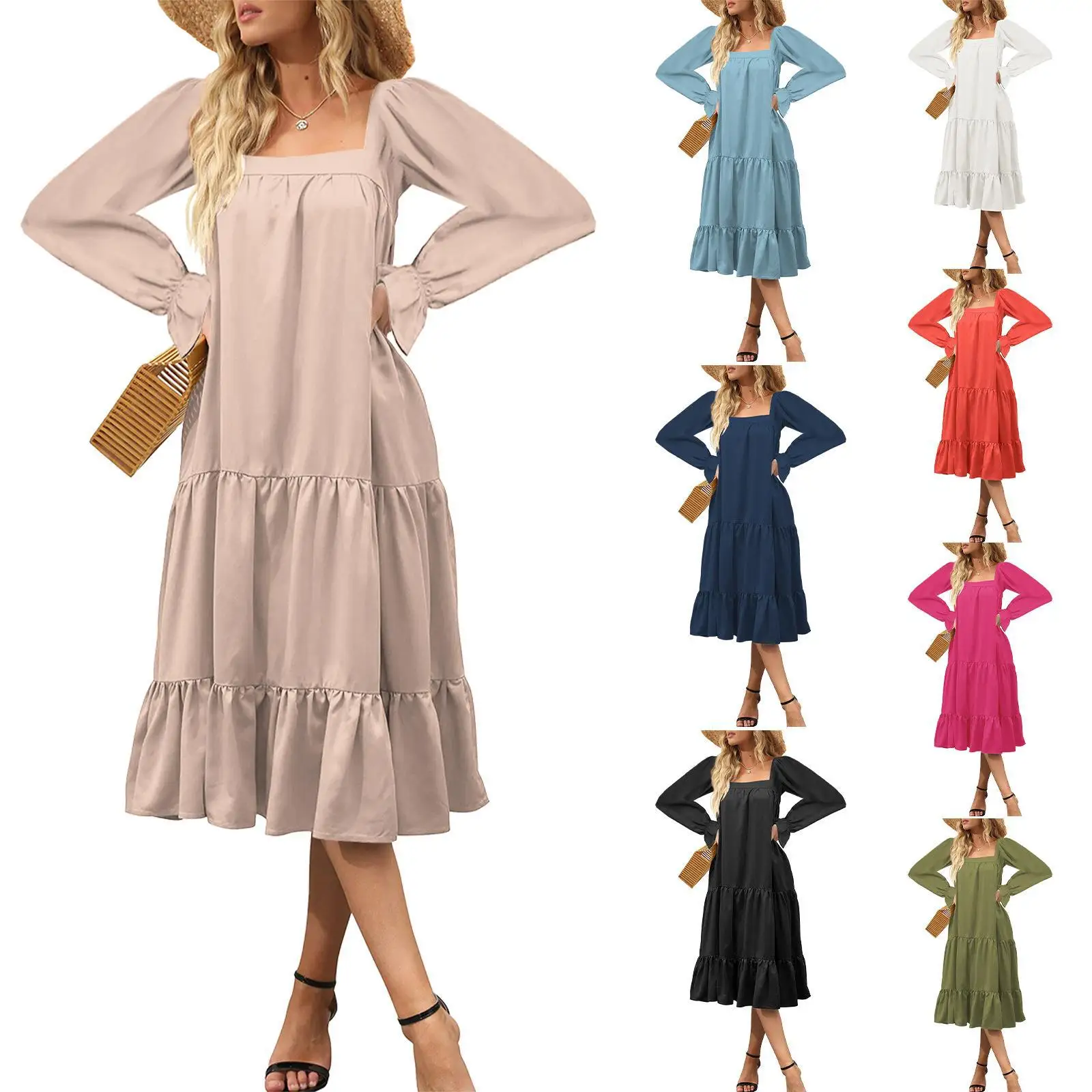 

2023 Women's casual loose layered pleated long sleeve beach dress