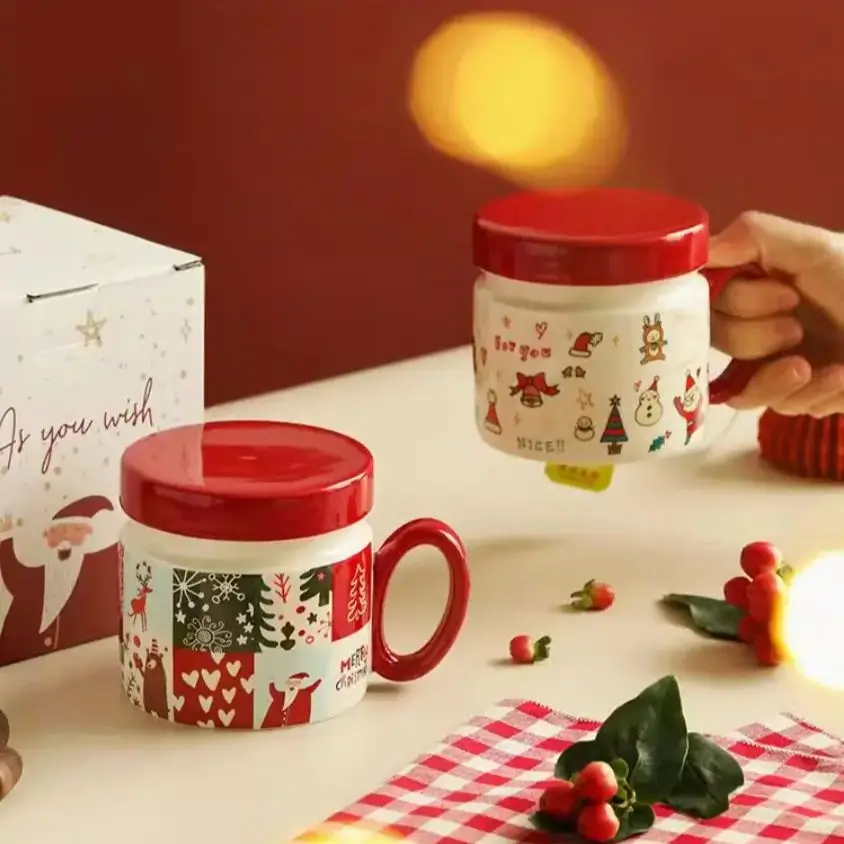 

2023 New Style Hand Painted Christmas Mug with Lid Milk Coffee Ceramic Cup Gift Box Creative Cartoon Illustration Breakfast Cups