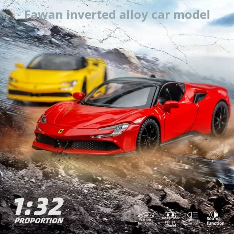 Фото Модель спортивного автомобиля Ferrari SF90 в масштабе 1:32, изысканная литая имитационная модель, коллекционная фигурка для мальчиков и украшение для рабочего стола №1