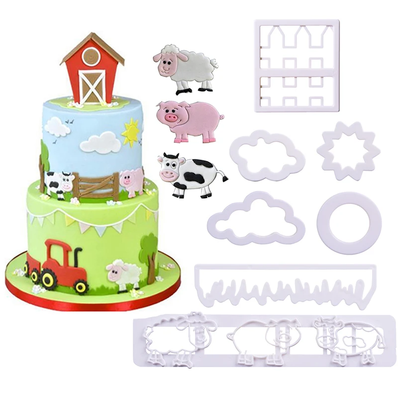 Fence Shape Cake Cutter Farm Animal Pig Cow Sheep Tractor Grass Cookie Mold Fondant Cake Decorating Tool Sugarcraft Pastry Mould