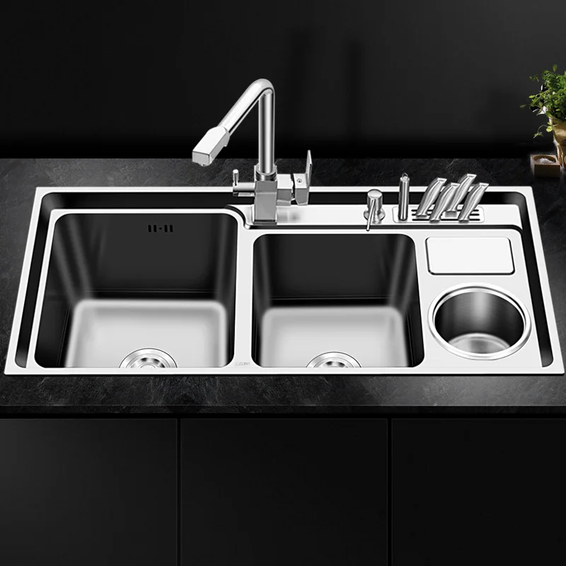 

Stainless Steel Nano Sink Three Trough with Trash Can Knife Holder Sink Brushed Silver 92 * 43cm Sink Set Kitchen Sink