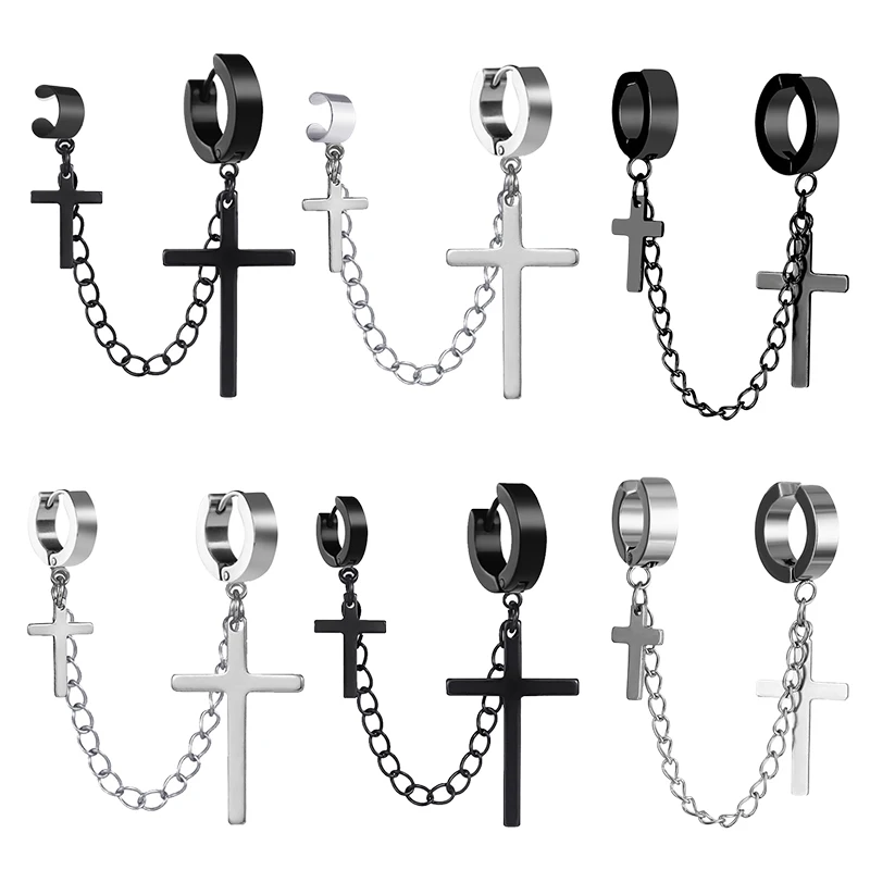 

Punk One Clip Earrings Pendant Tassel Chain Clip Earrings Without Ear Holes New Fashion Earrings Cross Couple Gift.