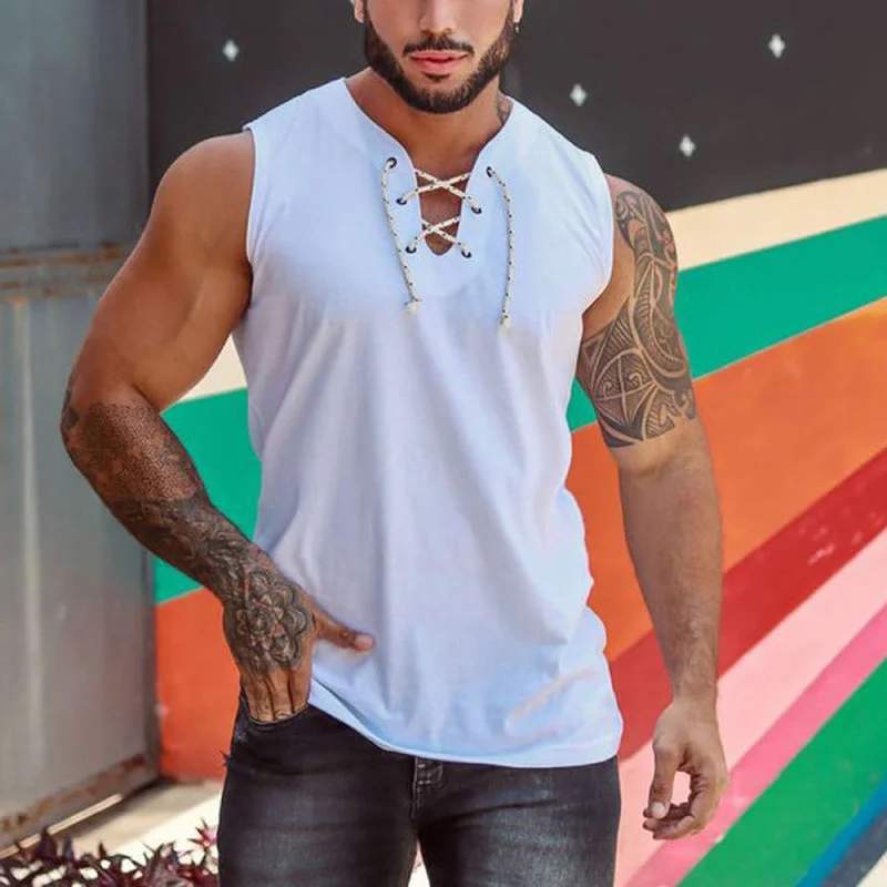 

Tank Top Men Drawstring V Neck Sleeveless Shirts Summer Mens Clothing Streetwear Casual Shirt Gym Fitness Slim Fit Vest Tops