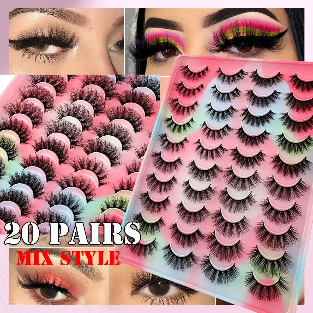 

20 Pairs Cruelty-free Natural Long Handmade Criss-cross 3D Mink Faux Hair 20 mm Mix Styles False Eyelashes Fluffy Wispy