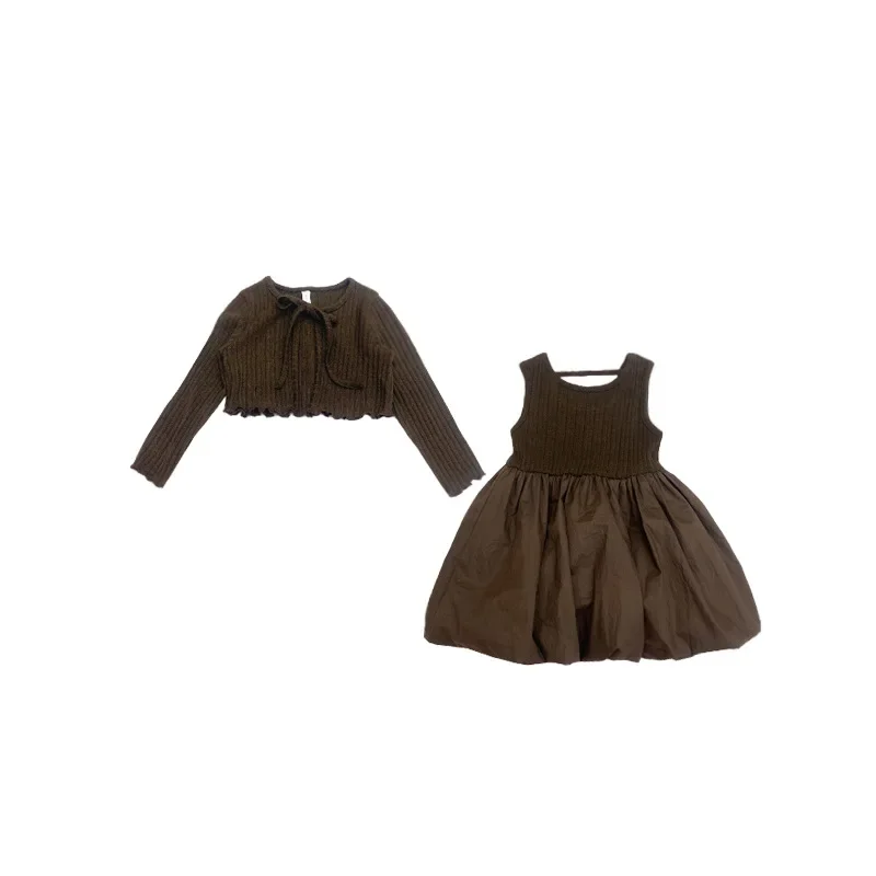 Новинка 2023 корейское платье для маленьких девочек лоскутное + вязаное пальто