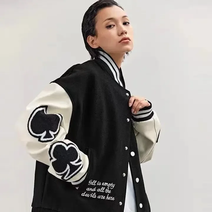 

NEW 2023 retro towel Jackets Women 2022 Winter Long Sleeve Bomber Loose Black high street baseball Vintage Y2K Coat ins