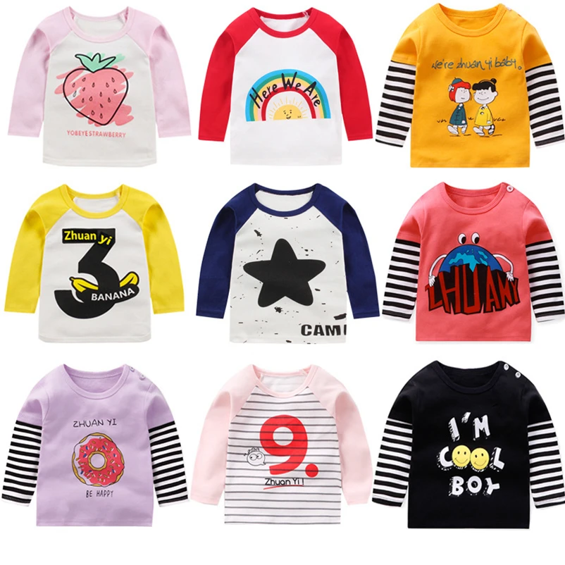 

Children Cotton T-shirt Baby Cotton Letter Stripe Cartoon Boy Long Sleeve Tops Tee Shirt Toddler Costumes for Kids Girls Clothes
