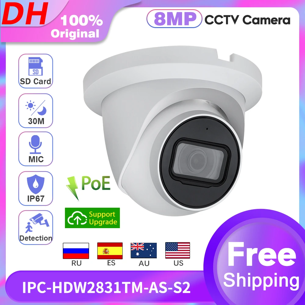 

Original DH IP Camera 8MP Security Kamera 4K HD IPC-HDW2831TM-AS-S2 Built-in Mic PoE IVS IR30m SD Card Alarm Audio H.265 IP67