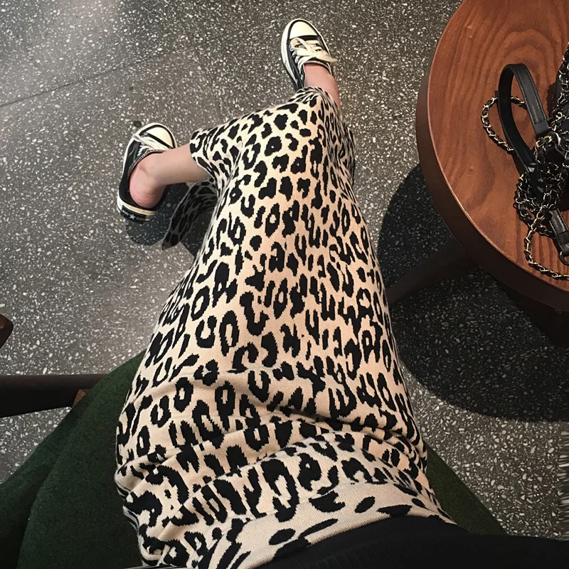 

Leopard knitted skirt, high waist skirt, 2021