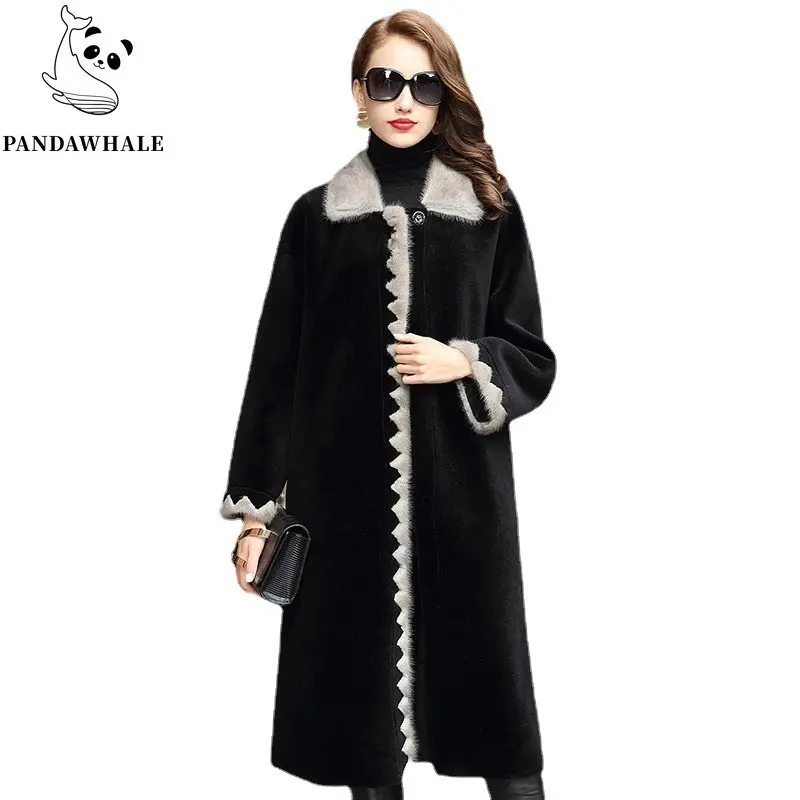 New 2022 Luxury Real Wool Fur Coat Female Plus Size Sheep Shearing Coats Natural MInk Fur Trim Collar Long Winter Jacket Women