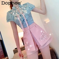 women 2022 two piece set summer new blue color embroidered lace top blusas high waist shorts female outfits can buy separately