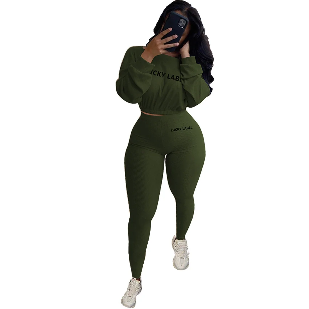 

Activewear Lucky Label Embroidery Ribbed Women's Set Sweater Tops Legging Pant Set Tracksuit Fitness Two Piece Outfits