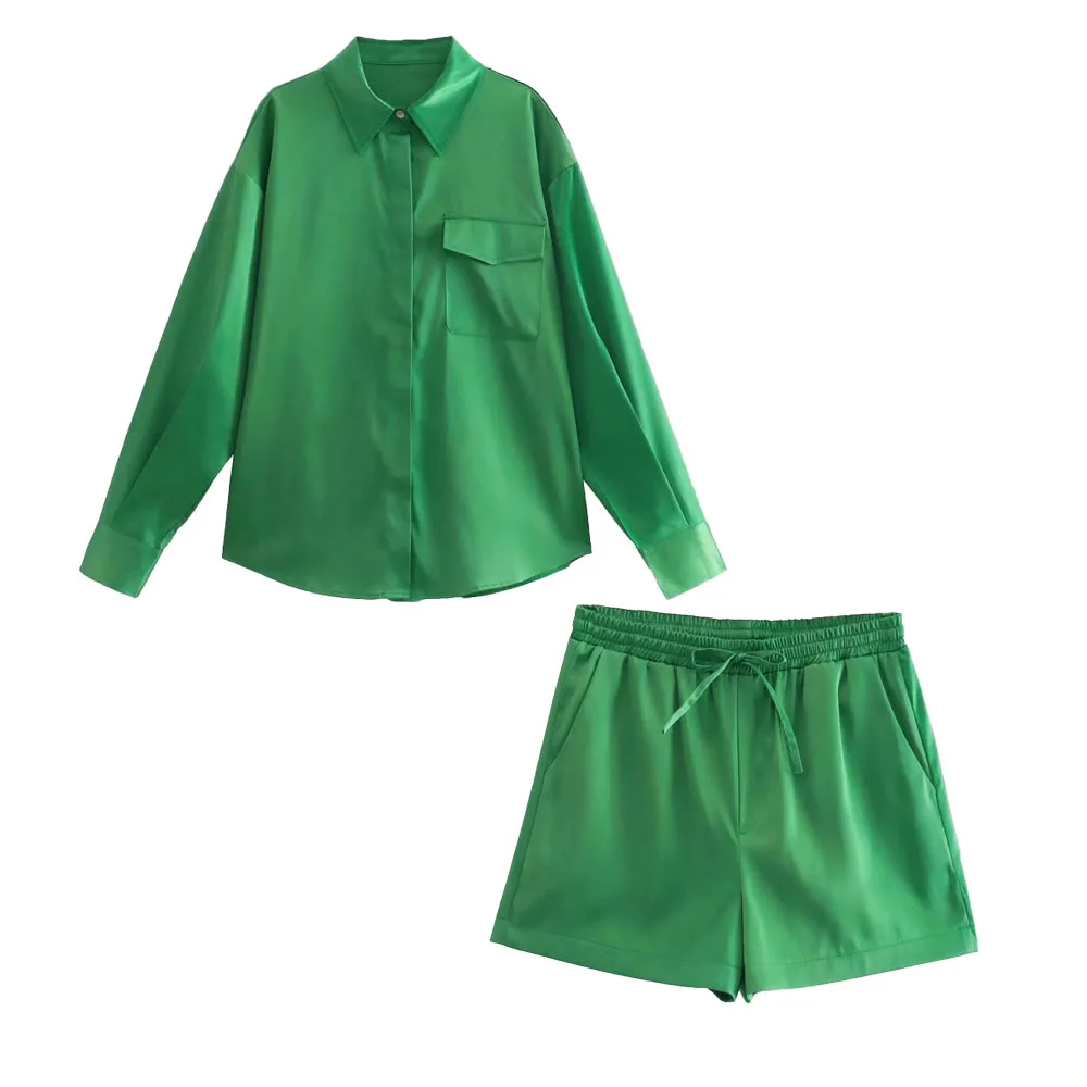 

2022 Women's Jacket Silk Satin Texture Loose Shirt Jacket Long Sleeve Solid Color Pocket Button Lapel Summer Suit Hot Sale Chic