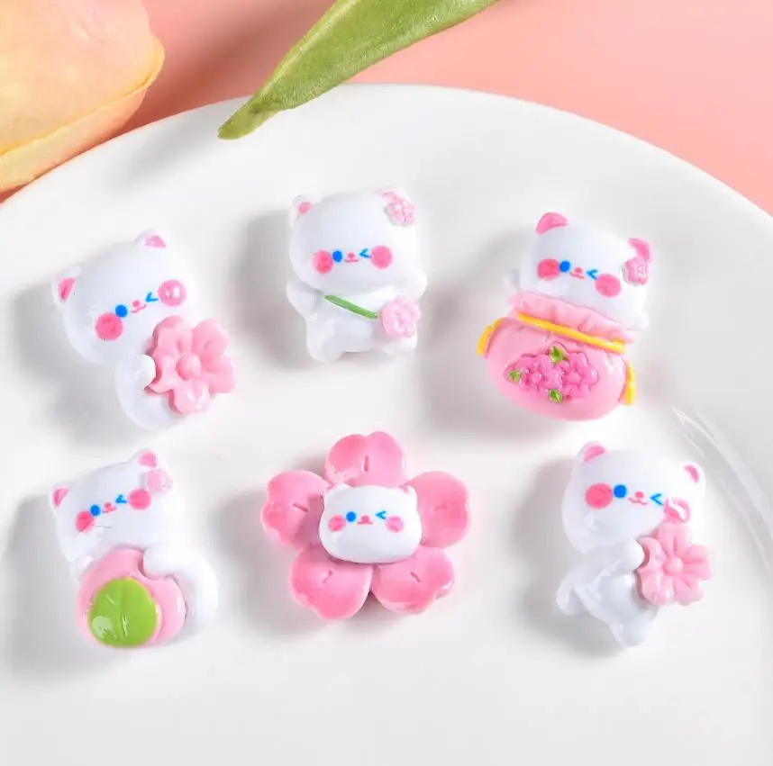 

100pcs New Resin Cartoon Cat Bear Cherry Blossom Flatback Kawaii Cabochon Embellishments For Scrapbooking DIY Accessories