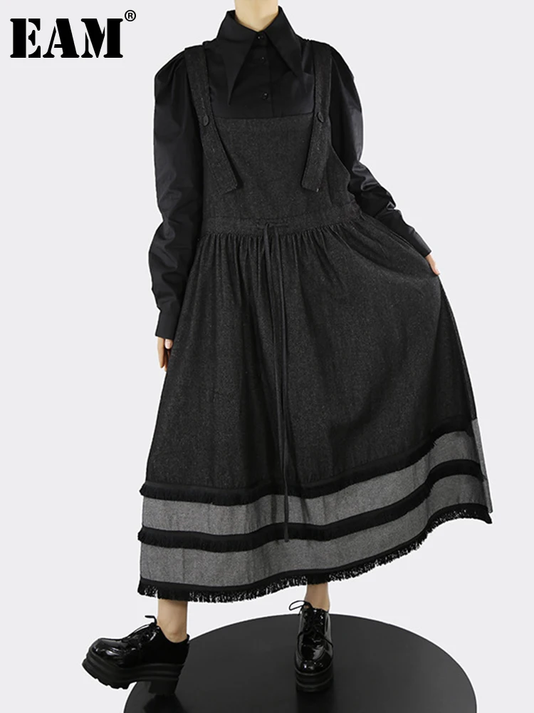 

[EAM] Women Black Pleated Bandage Long Tassels Suspender Dress New Sleeveless Loose Fit Fashion Tide Spring Autumn 2022 1DE6643