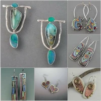 ethnic painting teal texture boho earrings for women tribal jewelry vintage handmade silver color multicolor dangle earrings