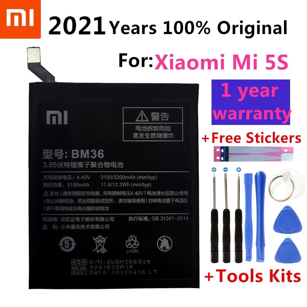 

XiaoMi Original Replacement Battery BM36 For Xiaomi Mi 5S MI5S 100% New Authentic Phone Battery 3200mAh+Gift Tools +Stickers