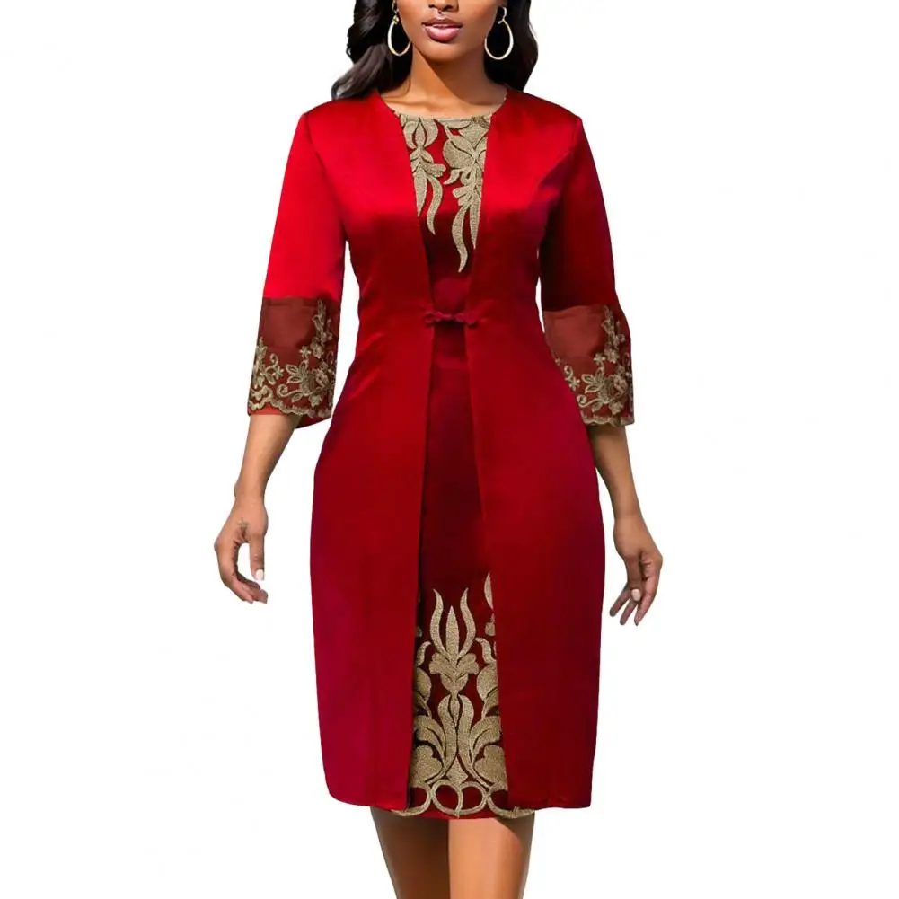 

Women Dress Retro Waist Tight Slim Fit O-Neck 3/4 Sleeve Embroidery Floral Lace Stitching Gown Dresses for Women 2023 Streetwear