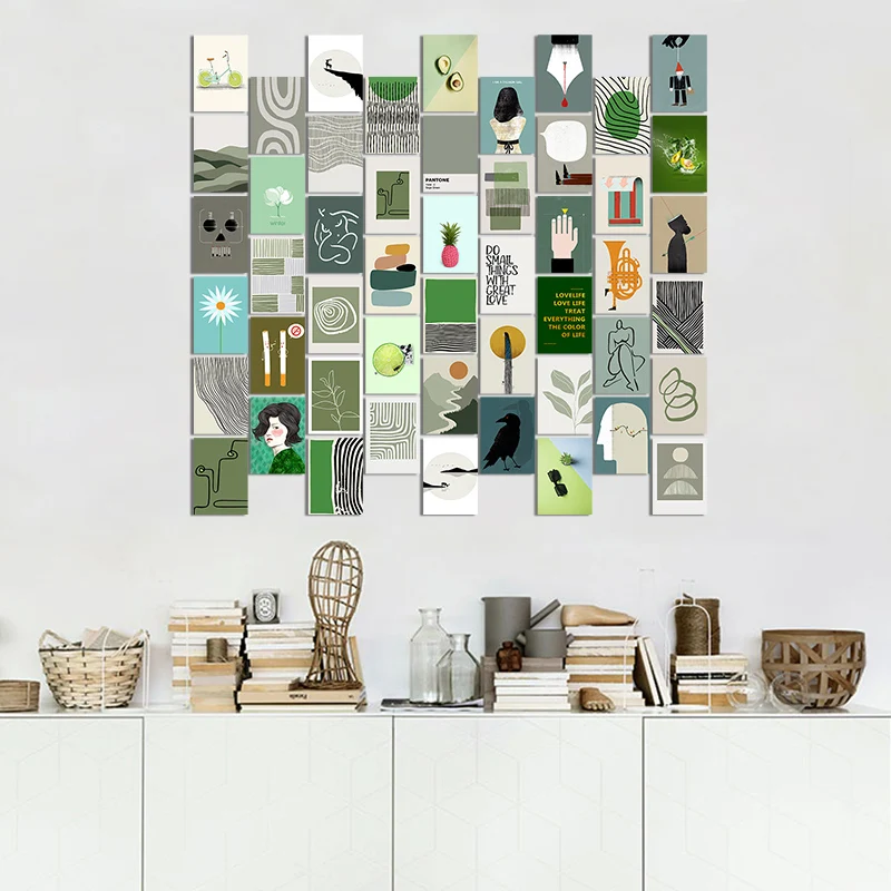 

50Pcs Green Theme Paper Postcard Set Fruit Pineapple Crow Leaf Line Abstract Art Sketch Picture Collection for Bar Wall Decor