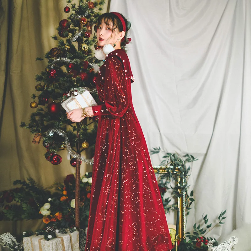 

VS110002 Christmas customize velvet retro pearl winered long women dress formal wedding dress