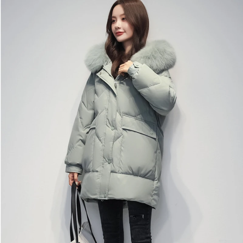 

Woman New Fashion Fox Fur Hooded Winter Coat Female White Duck Down Jacket Thick Warm Outerwear Ladies Portable Jackets G559