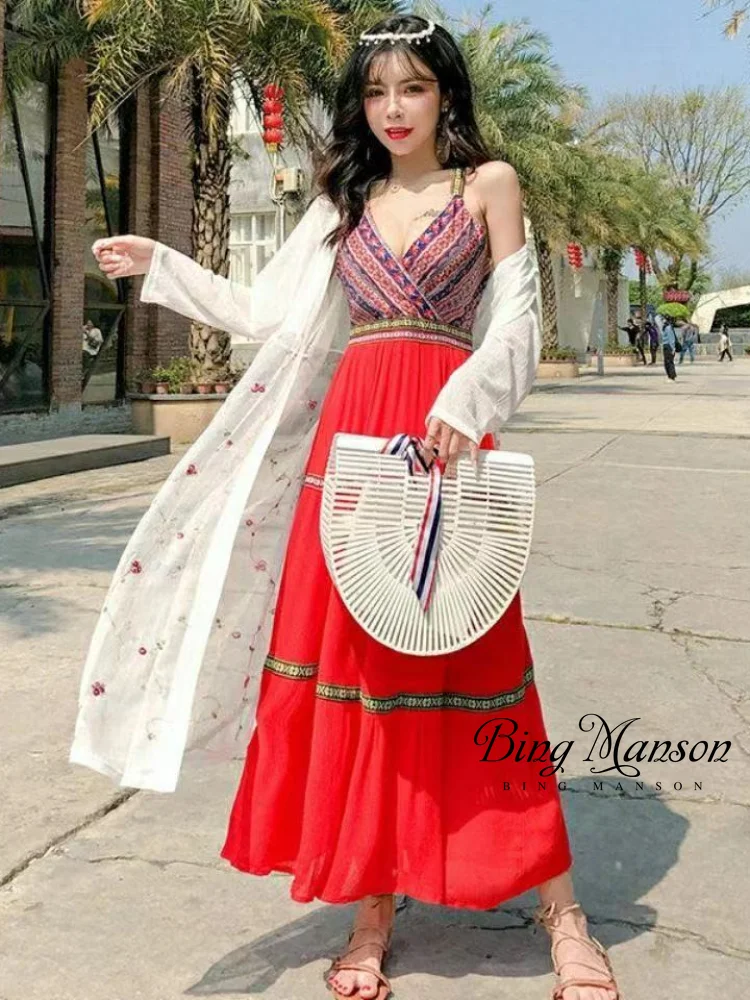 Купи Fashion Summer Travel Wear Clothes Ethnic Style Suspenders Cotton Linen Dress Beach Small Sexy Skirt Factory Store Direct Sales за 975 рублей в магазине AliExpress