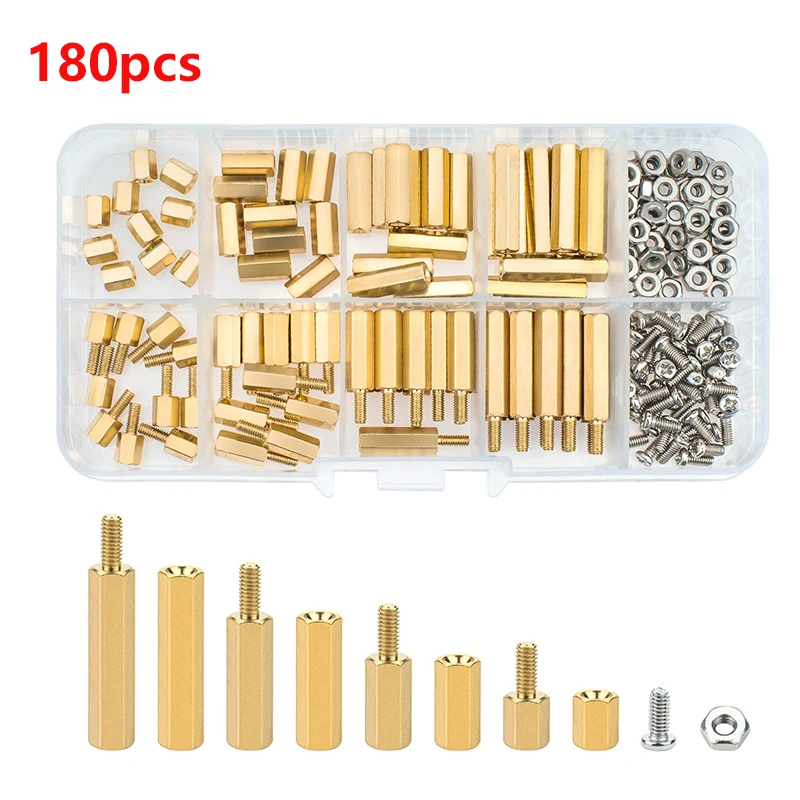 

180pcs M2.5 Hex Brass Standoff PCB Motherboard Nut Screw Spacer Thread Pillar Mount Male Female Spacer Bolt Assortment Kit