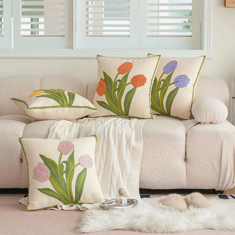

Nordic Style Tulip Embroidery Cushion Cover Throw Pillow Case Ins Decorative Home Pillowcase Bohemian for Bed Livingroom Sofa