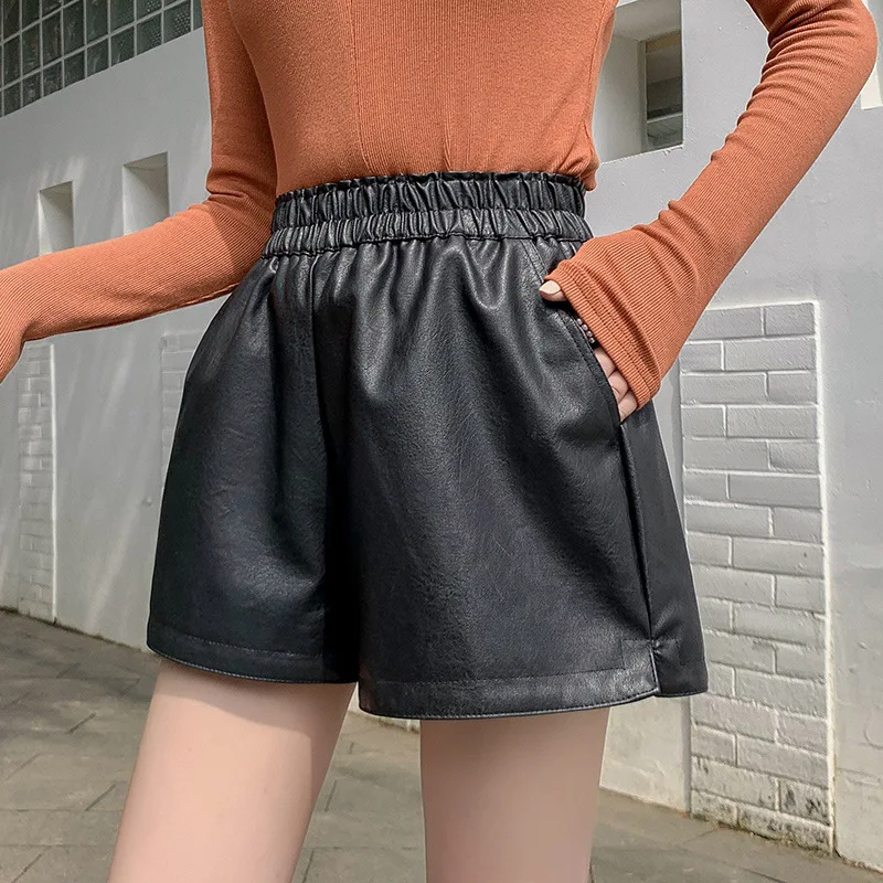 

Black Faux Leather Shorts Women Elastic High Waist Fashion Pu Shorts For Ladies Simple Design Casual Bottoms Spring Fall Outfits