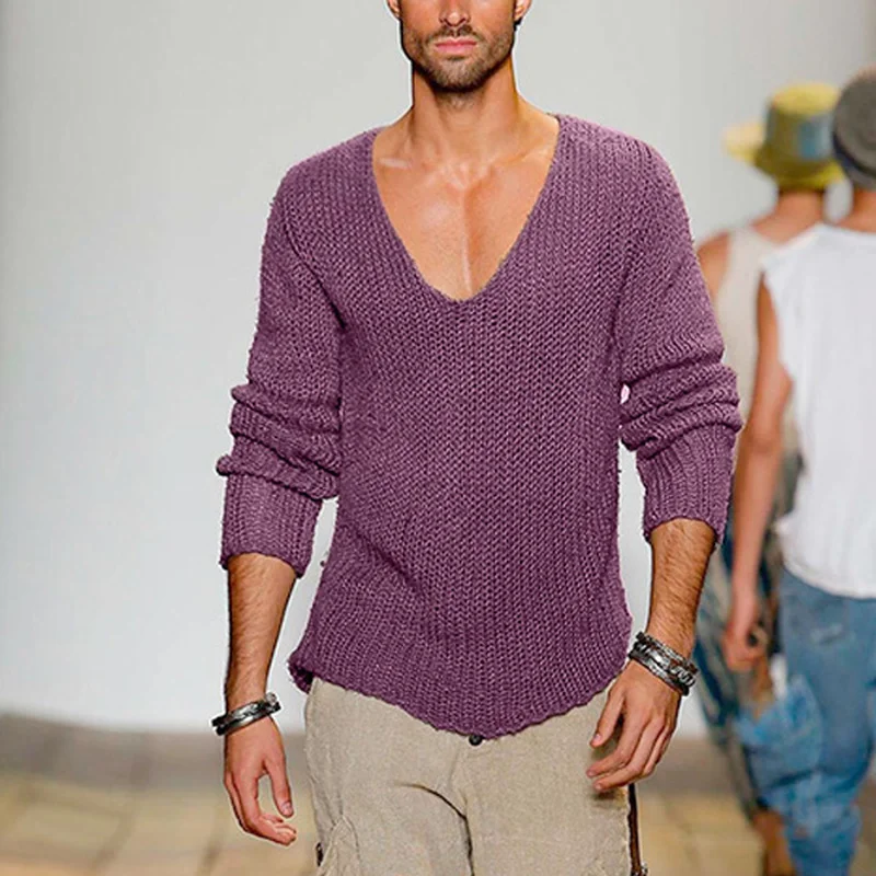 

New Men Casual Solid Sweater Men High Elasticity Fashion Slim Fit Male Pullover Plus Size V-neck Loose Cotton Sweater Pullovers