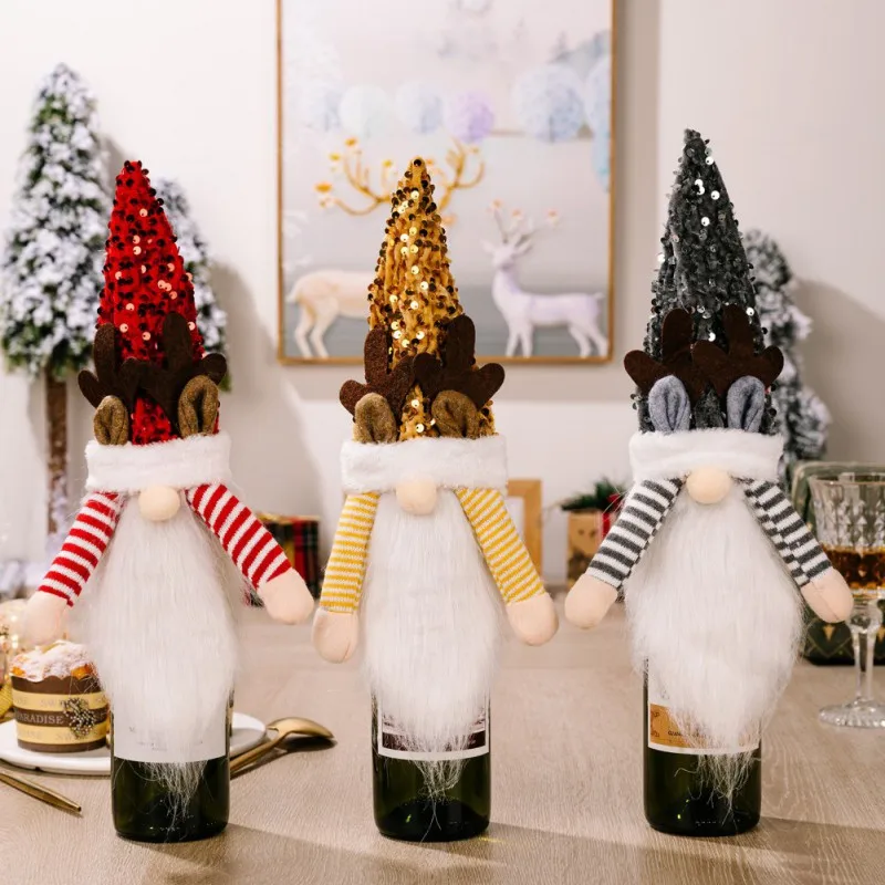 

Christmas Sequins Bottle Cove Set of Antlers Wine Christmas Bottle Cover Cute Soft Safe Cap Bottle Cover Christmas Home Decor