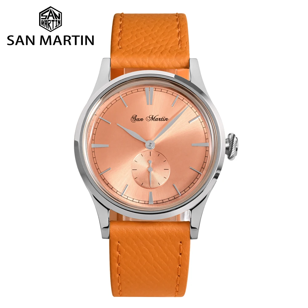 

San Martin Mens Dress Watch 38mm Sunray Salmon Dial Ronda 715/6004 Quartz Movement Vintage Simple Watches 5 Bar Leather Strap