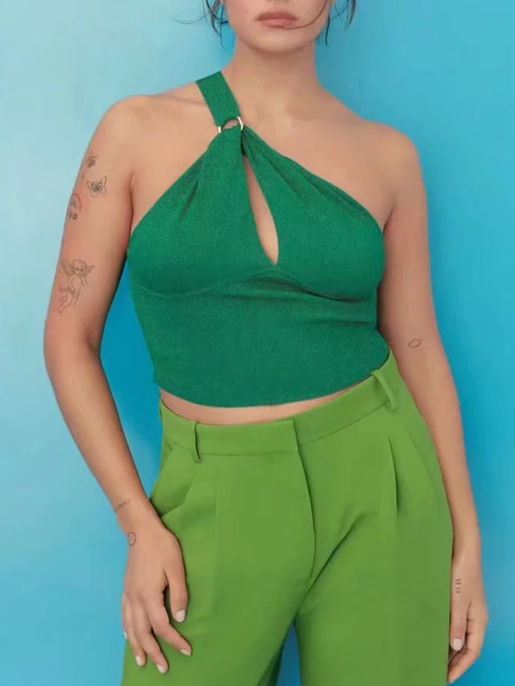 

TFMLN 2022 New Women Summer One Shoulder Tops Solid Hollow Out Camisole Tank Casual Tube Top Female Sleeveless Cropped Vest
