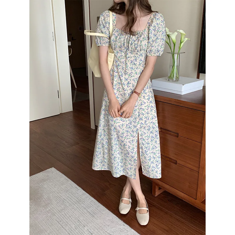 

French Romantic Floral Dress for Women 2022 Summer New Lace-up Square-Neck Cinched Slimming Dress