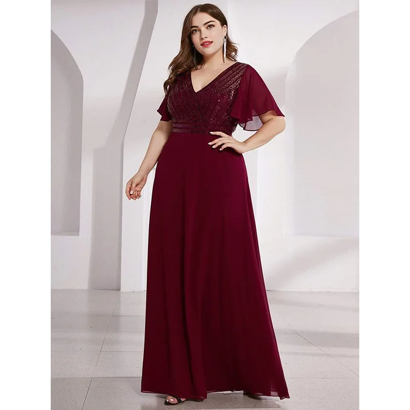 Plus Size V Neck Vertical Stripe Sequined Chiffon Dress 4XL5XL Shiny Elegant Party Anniversary Plus Size Shiny Sequined Dresses