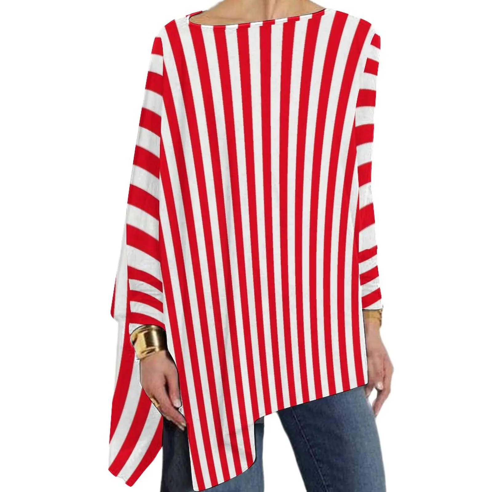 

Candy Striped T-Shirts Red And White Pretty T-Shirt Womens Long Sleeve O Neck Korean Fashion Tops Oversized Custom Clothes