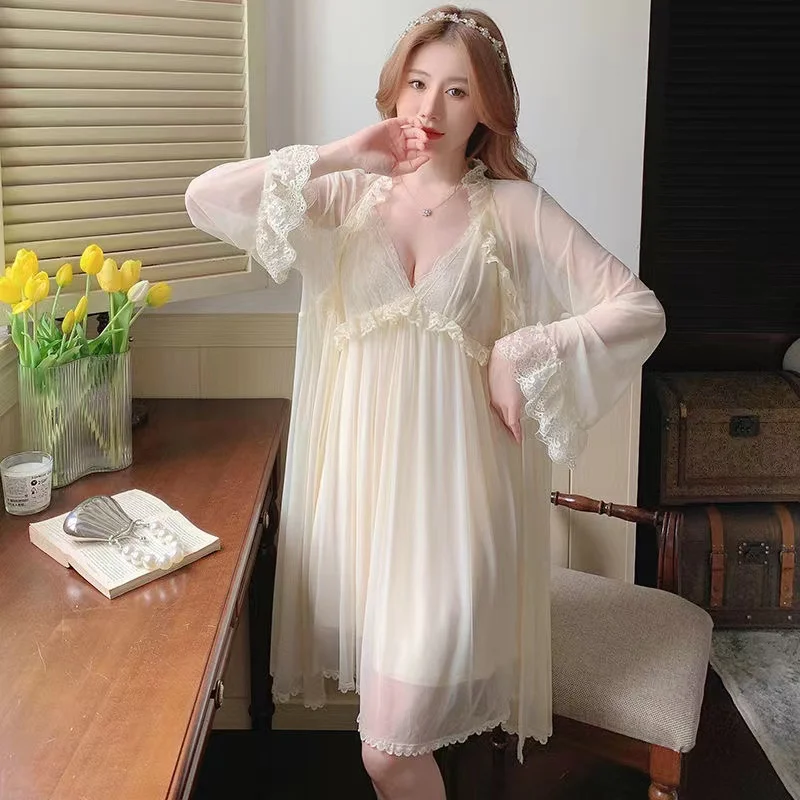 Pajamas Robe Apricot Mesh 2 Piece Set Women Spring Autumn Sleepwear Sexy Lingerie Lace V-Neck Strap Nightgown Retro Home Dress