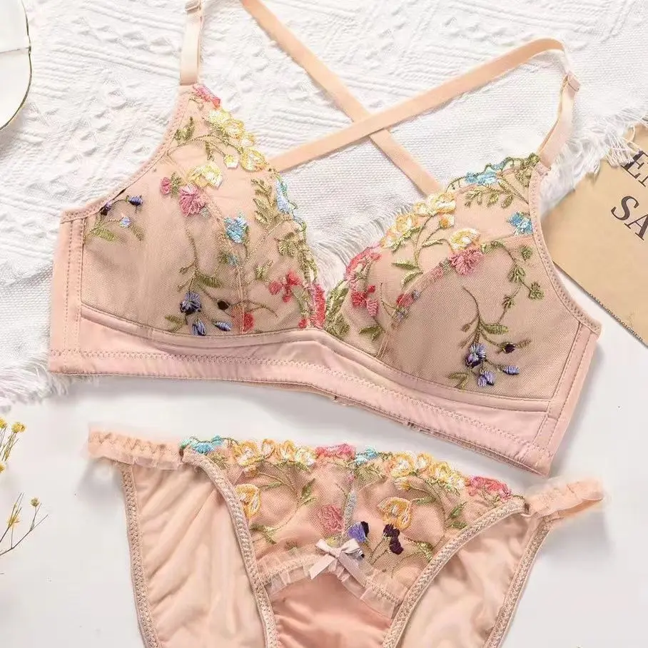 Sexy Cute Embroidery Bra And Panty Set Lace Floral Women Underwear Romantic Girl Lingerie Female Beautiful Bra Sets Crop Top