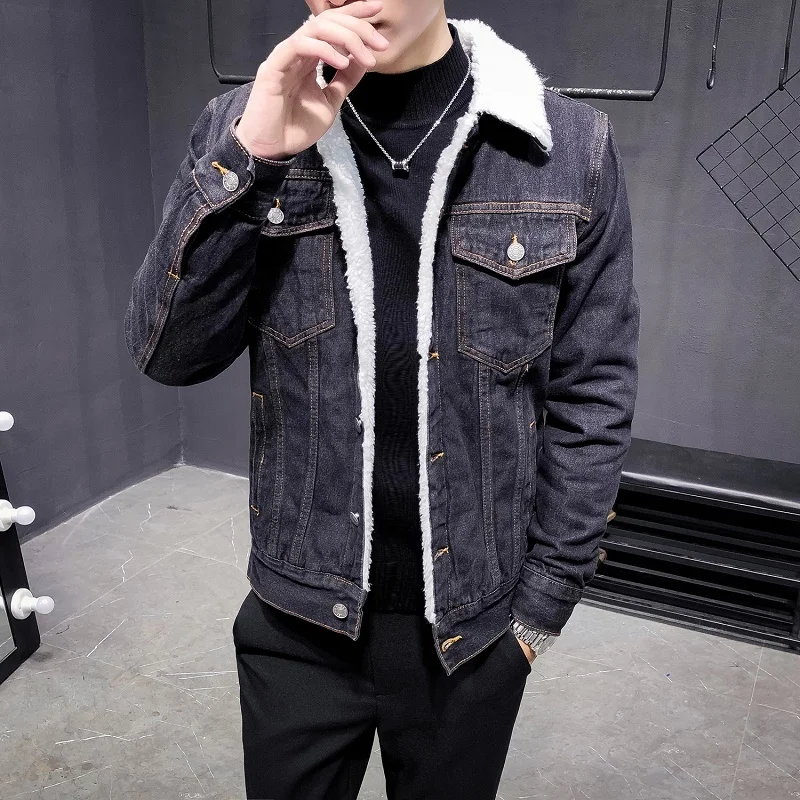 

New 2022 Winter Men's Fashion Fleece Thick Pure Color Casual Denim Jacket Male Cotton Slim Vintage Jackets Men Coats