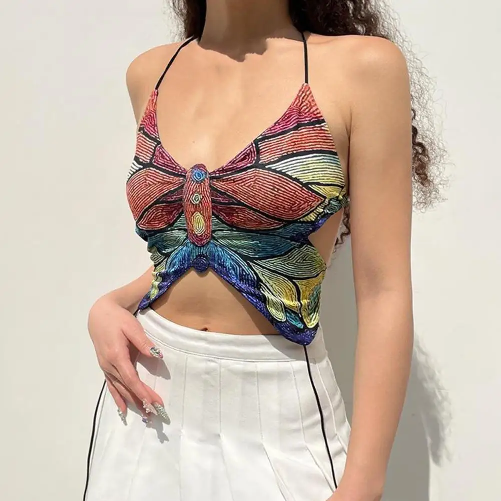 

Anti-Shrink Soft Fabric Colorful Butterflies Print Halter Sling Club Vest Female Clothing