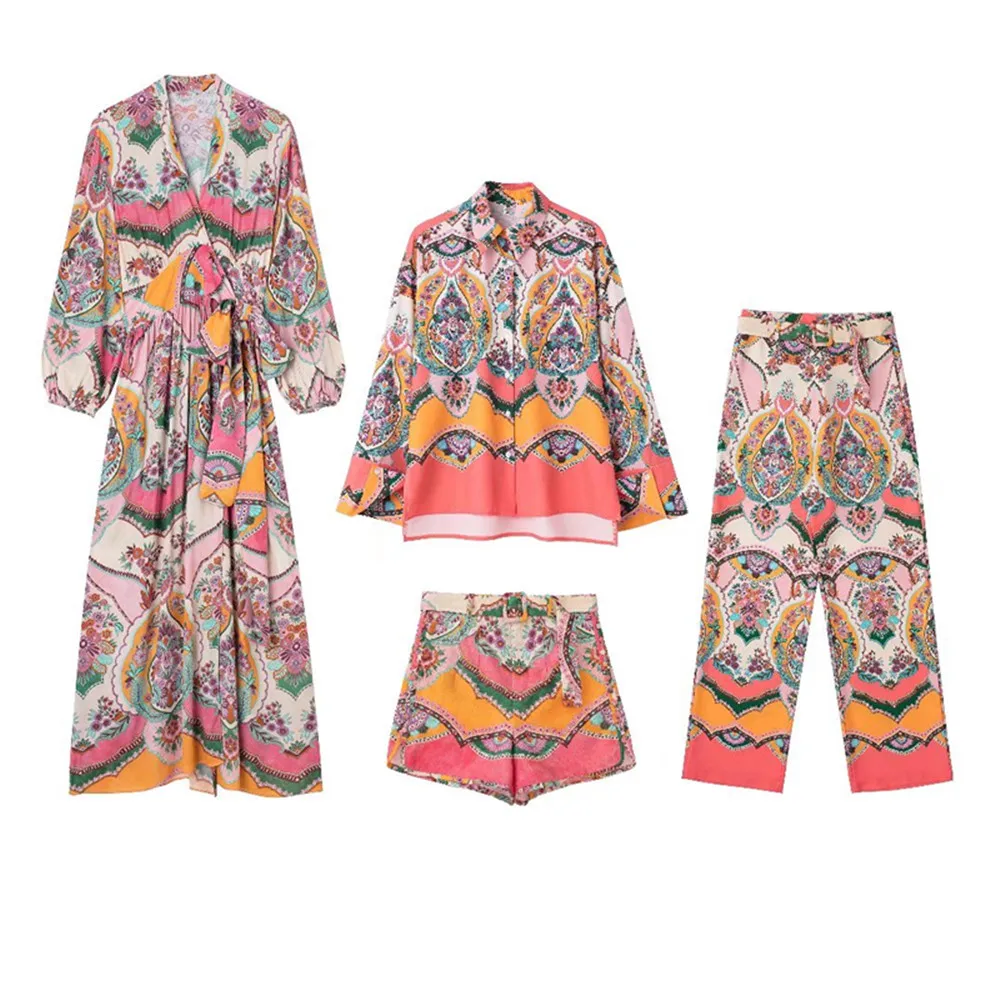 

Летняя новинка, Женская милая рубашка с отворотом и длинными рукавами PB & ZA в стиле ретро + шорты с поясом, широкие брюки с завышенной талией ...