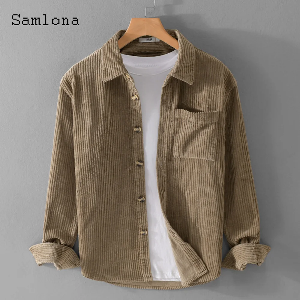 

Samlona Men Turn-down Collar Corduroy Jackets Solid Pocket Tops Clothing 2023 harajuku Fashion Outerwear Mens Khaki Jackets